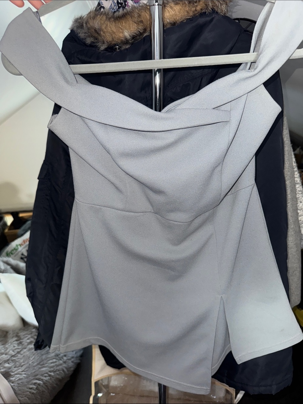 Women's Light Gray Off-Shoulder Jumpsuit Romper